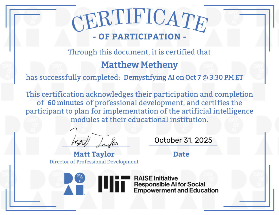 Demystifying AI certificate awarded to Matthew Metheny